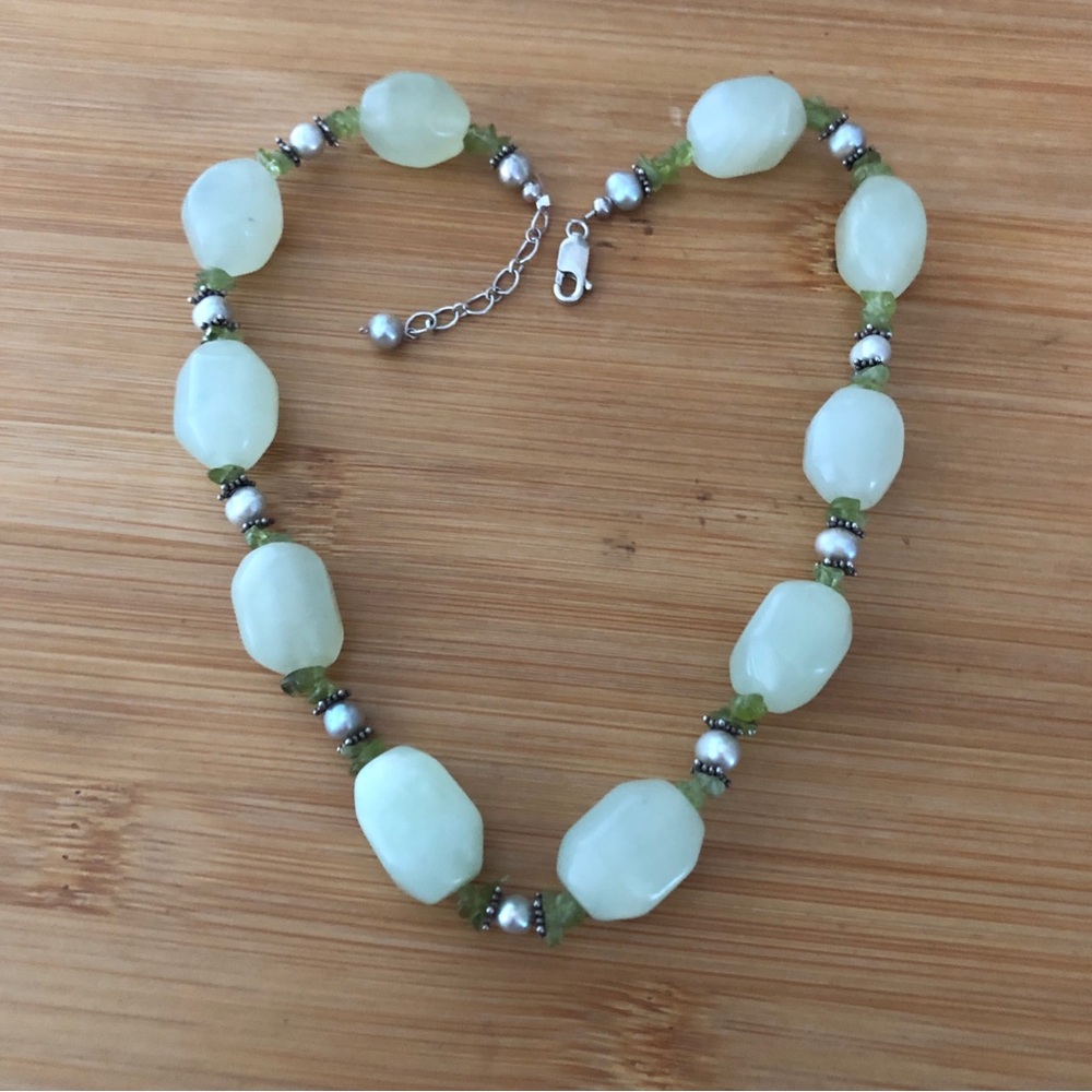 $62  Jade, Peridot & Pearl Estate Necklace  Sterling  Marked 925